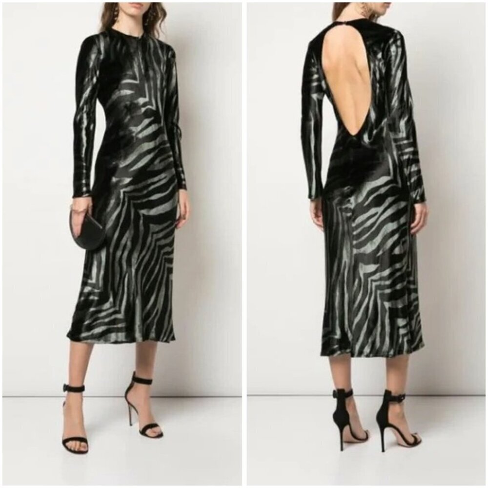 NWT Michelle Mason Velvet Zebra Cutout Backless Midi Dress $780